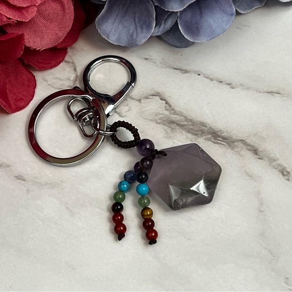 Natural Amethyst Hexagon Stone with Rainbow Chakra Keychain Charm - Picture 9 of 16